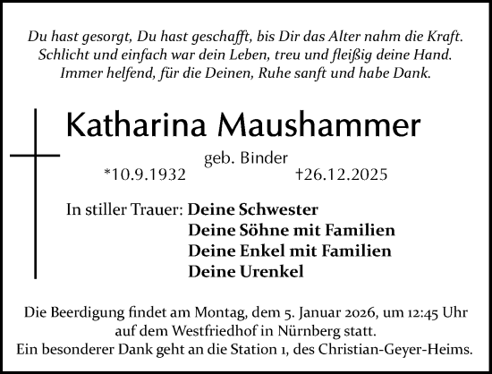 Traueranzeige von Katharina Maushammer von Gesamtausgabe Nürnberger Nachrichten/ Nürnberger Ztg.