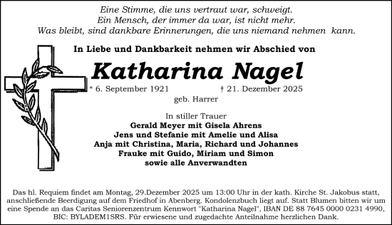 Traueranzeige von Katharina Nagel von Schwabacher Tagblatt Lokal