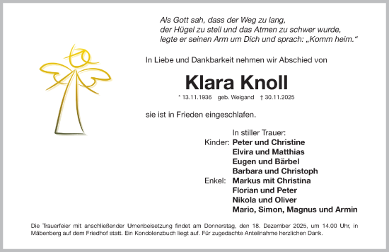 Traueranzeige von Klara Knoll von Roth-Hilpoltsteiner Volkszeitung Lokal