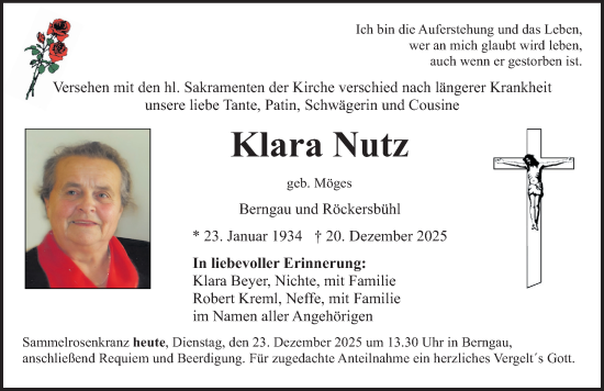 Traueranzeige von Klara Nutz von Neumarkter Nachrichten Lokal