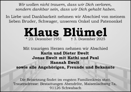 Traueranzeige von Klaus Blümel von Schwabacher Tagblatt Lokal