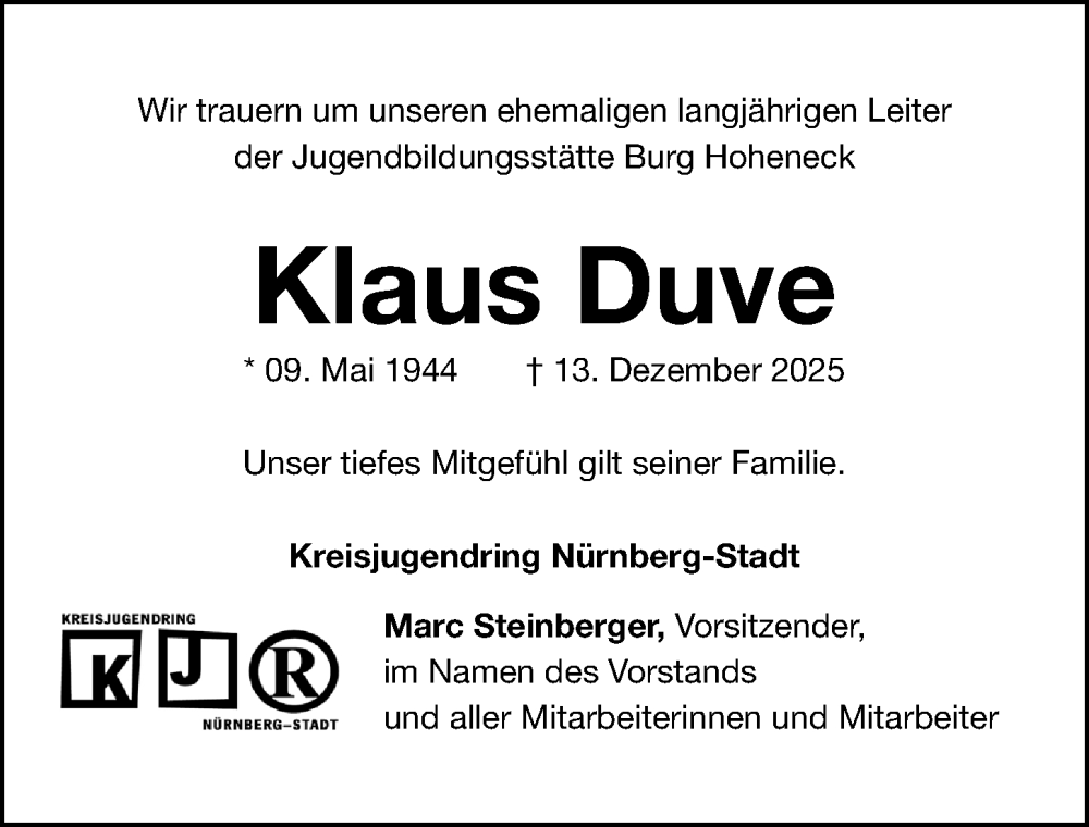  Traueranzeige für Klaus Duve vom 20.12.2025 aus Gesamtausgabe Nürnberger Nachrichten/ Nürnberger Ztg.