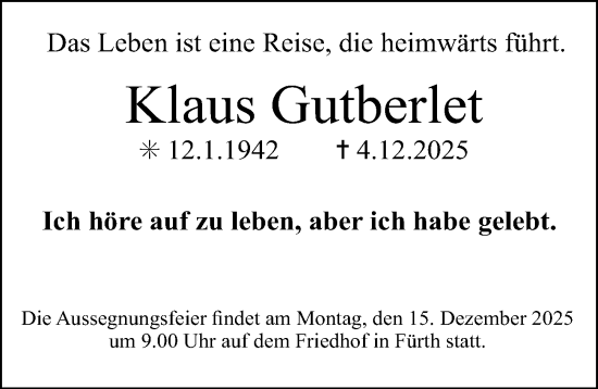 Traueranzeige von Klaus Gutberlet von Fürther Nachrichten Lokal