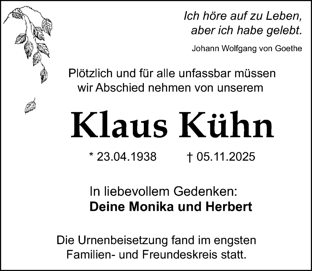  Traueranzeige für Klaus Kühn vom 20.12.2025 aus Schwabacher Tagblatt Lokal