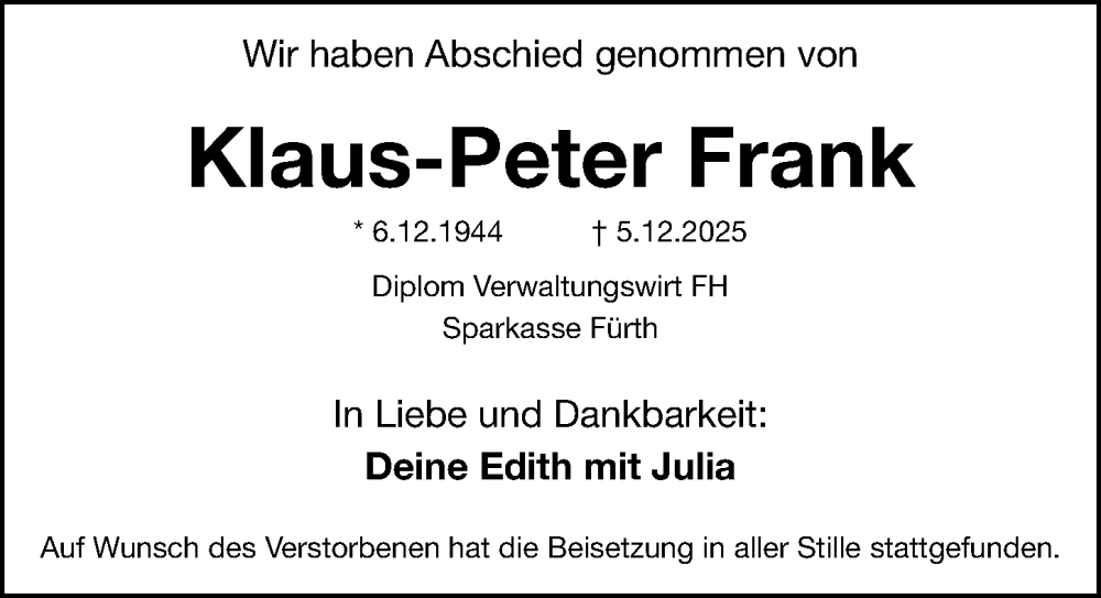  Traueranzeige für Klaus-Peter Frank vom 20.12.2025 aus Fürther Nachrichten Lokal