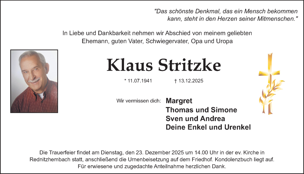  Traueranzeige für Klaus Stritzke vom 20.12.2025 aus Roth-Hilpoltsteiner Volkszeitung/ Schwabach