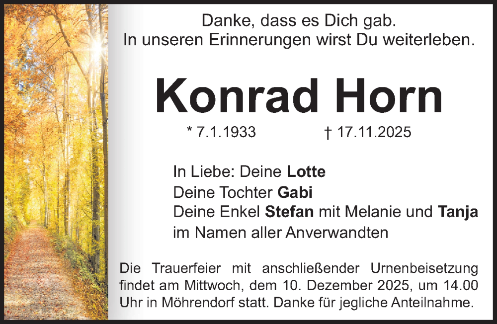  Traueranzeige für Konrad Horn vom 06.12.2025 aus Erlanger Nachrichten Lokal
