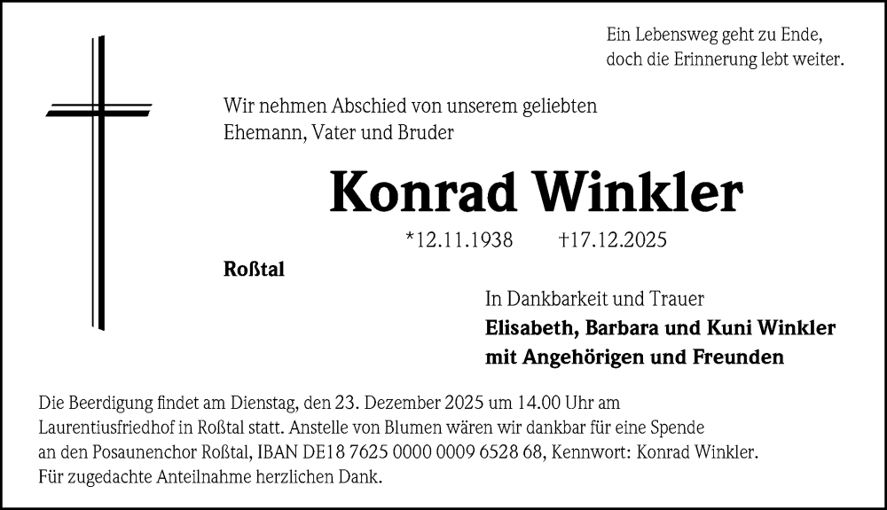  Traueranzeige für Konrad Winkler vom 20.12.2025 aus Gesamtausgabe Nürnberger Nachrichten/ Nürnberger Ztg.