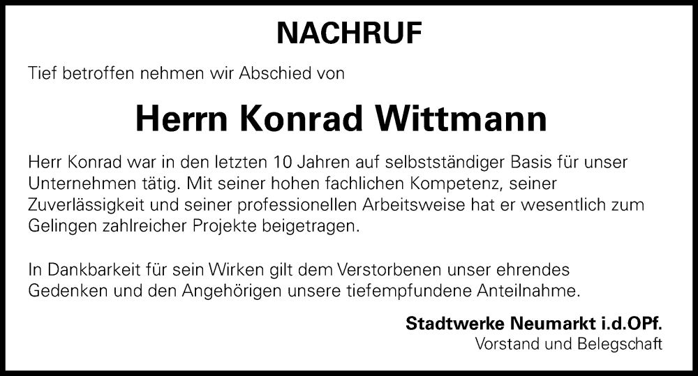  Traueranzeige für Konrad Wittmann vom 03.12.2025 aus Neumarkter Nachrichten Lokal