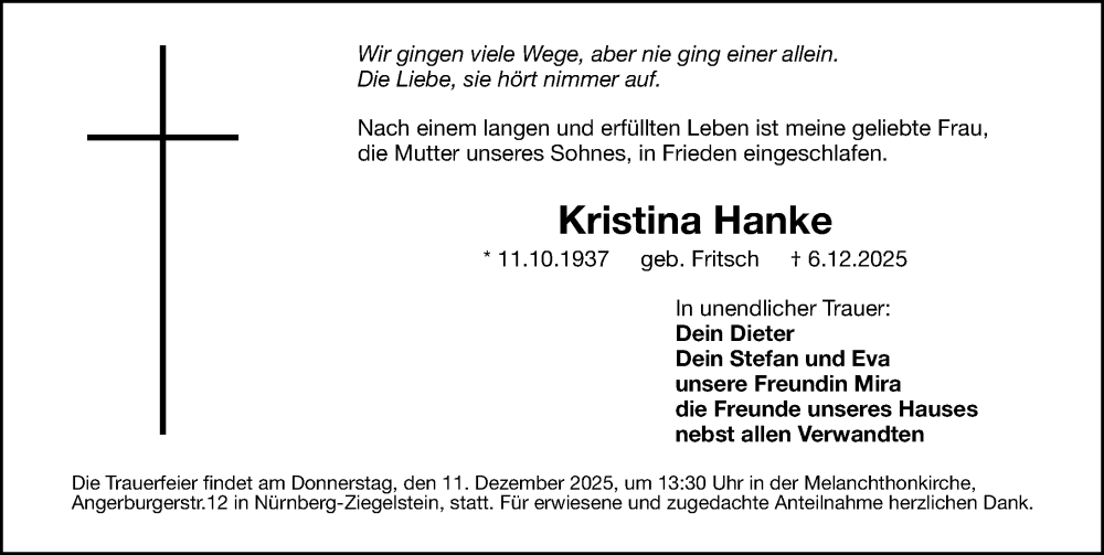  Traueranzeige für Kristina Hanke vom 10.12.2025 aus Gesamtausgabe Nürnberger Nachrichten/ Nürnberger Ztg.