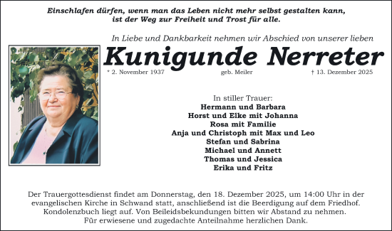Traueranzeige von Kunigunde Nerreter von Schwabacher Tagblatt Lokal
