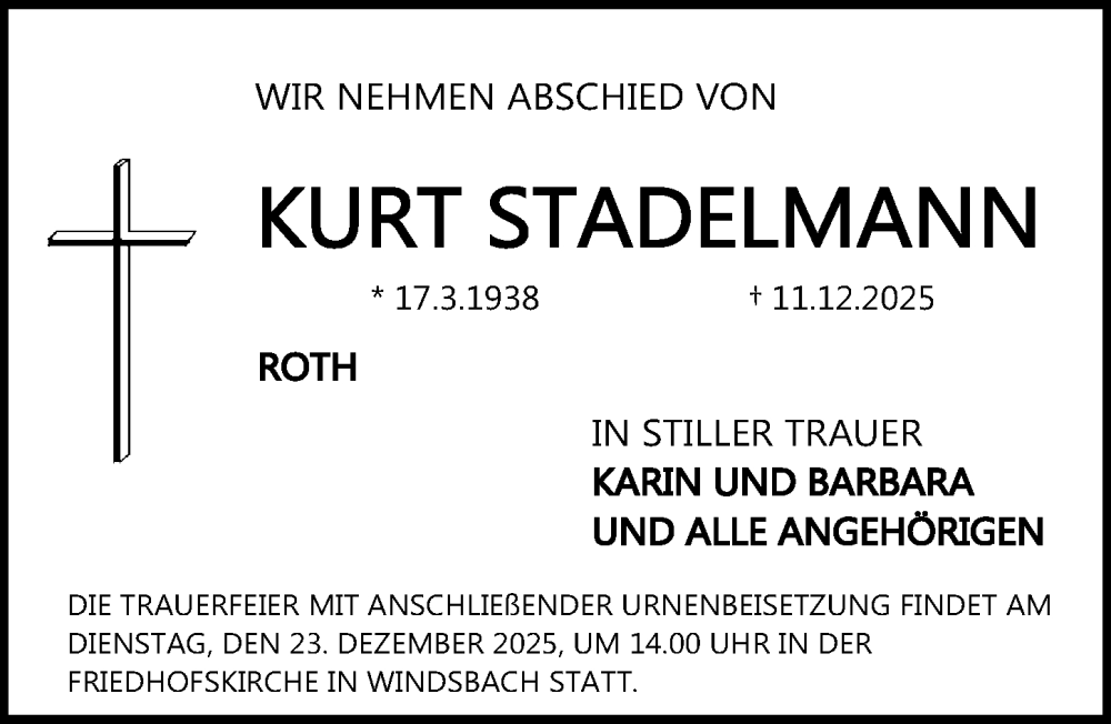  Traueranzeige für Kurt Stadelmann vom 20.12.2025 aus Roth-Hilpoltsteiner Volkszeitung Lokal