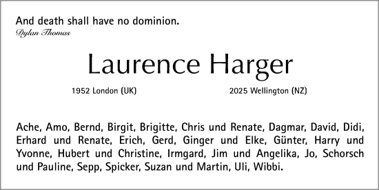 Traueranzeige von Laurence Harger von Gesamtausgabe Nürnberger Nachrichten/ Nürnberger Ztg.