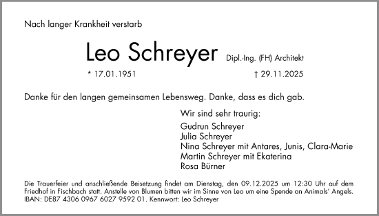 Traueranzeige von Leo Schreyer von Gesamtausgabe Nürnberger Nachrichten/ Nürnberger Ztg.