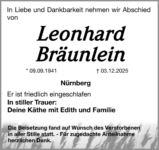 Traueranzeige von Leonhard Bräunlein von Gesamtausgabe Nürnberger Nachrichten/ Nürnberger Ztg.