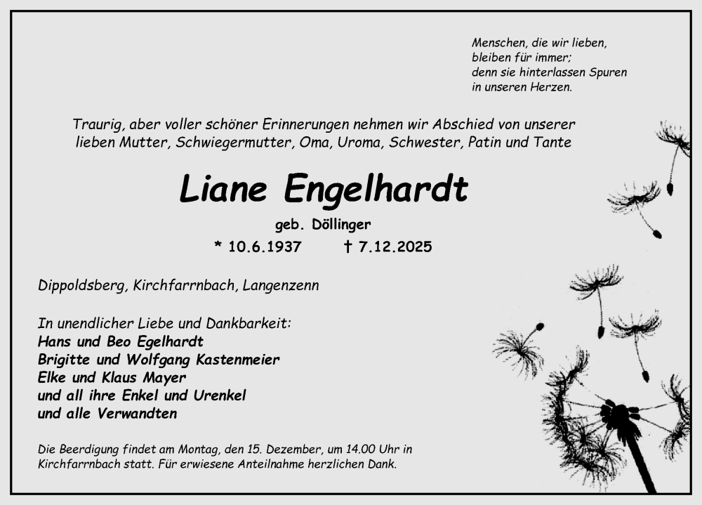  Traueranzeige für Liane Engelhardt vom 10.12.2025 aus Fürther Nachrichten Lokal