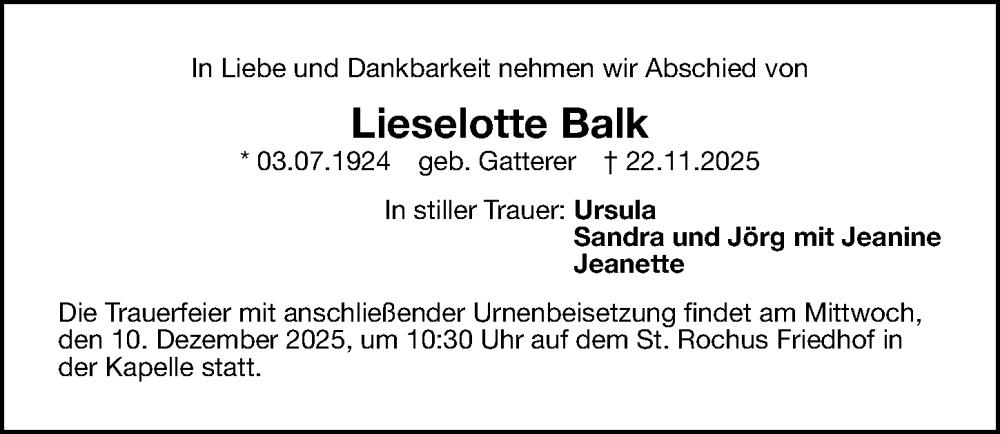  Traueranzeige für Lieselotte Balk vom 06.12.2025 aus Gesamtausgabe Nürnberger Nachrichten/ Nürnberger Ztg.