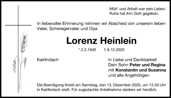 Traueranzeige von Lorenz Heinlein von Nordbayerische Nachrichten Herzogenaurach Lokal