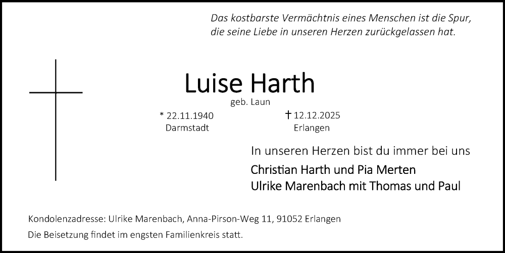  Traueranzeige für Luise Harth vom 20.12.2025 aus Erlanger Nachrichten Lokal