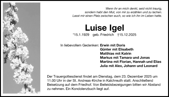 Traueranzeige von Luise Igel von Gesamtausgabe Nürnberger Nachrichten/ Nürnberger Ztg.