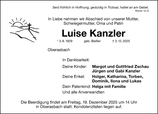 Traueranzeige von Luise Kanzler von Altmühl-Bote Lokal