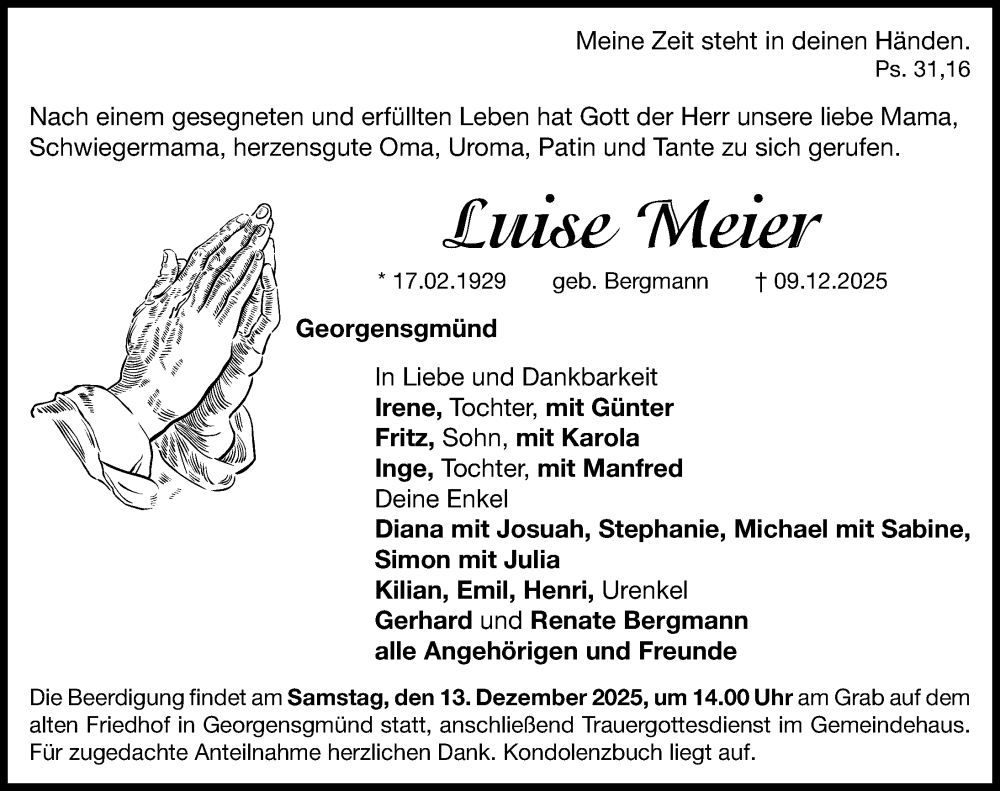  Traueranzeige für Luise Meier vom 12.12.2025 aus Roth-Hilpoltsteiner Volkszeitung Lokal