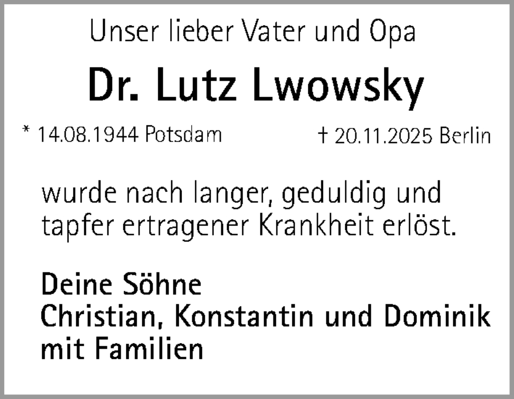  Traueranzeige für Lutz Lwowsky vom 20.12.2025 aus Gesamtausgabe Nürnberger Nachrichten/ Nürnberger Ztg.