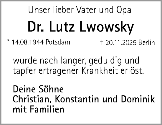 Traueranzeige von Lutz Lwowsky von Gesamtausgabe Nürnberger Nachrichten/ Nürnberger Ztg.