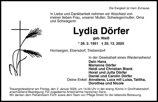 Traueranzeige von Lydia Dörfer von Fürther Nachrichten Lokal