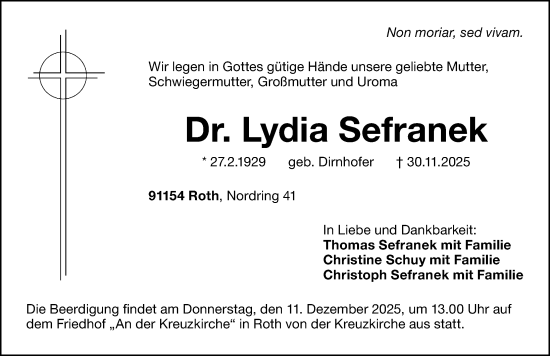 Traueranzeige von Lydia Sefranek von Gesamtausgabe Nürnberger Nachrichten/ Nürnberger Ztg./ Roth-Hilpoltsteiner Volkszeitung