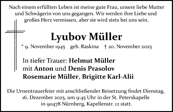 Traueranzeige von Lyubov Müller von Gesamtausgabe Nürnberger Nachrichten/ Nürnberger Ztg.