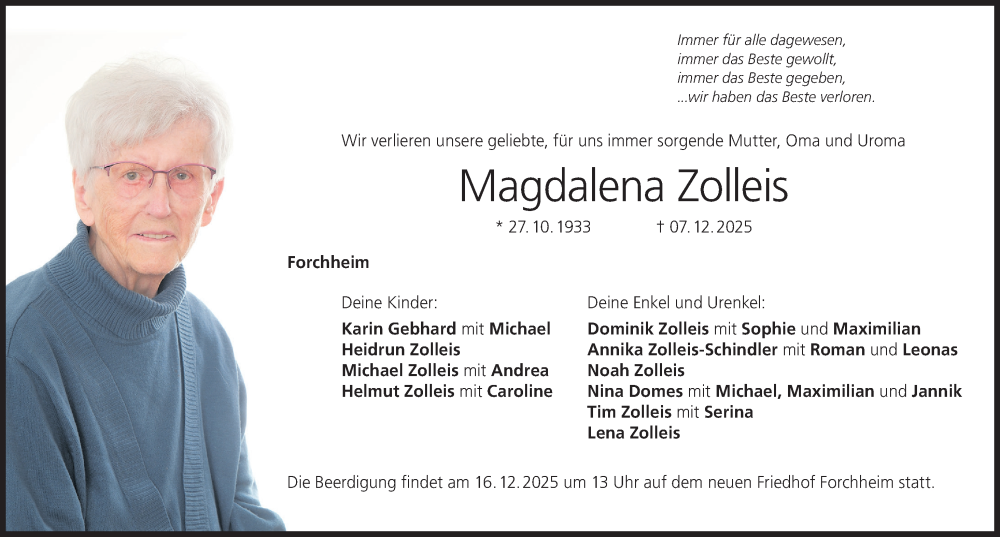  Traueranzeige für Magdalena Zolleis vom 12.12.2025 aus Nordbayerische Nachrichten Forchheim Lokal