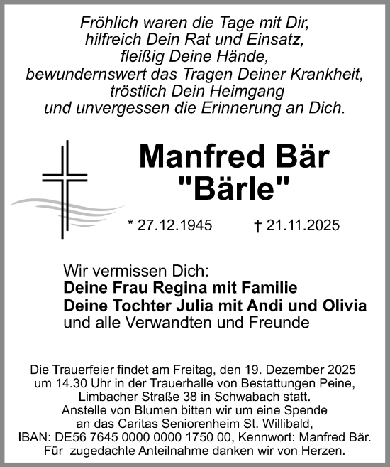 Traueranzeige von Manfred Bär von HST,G