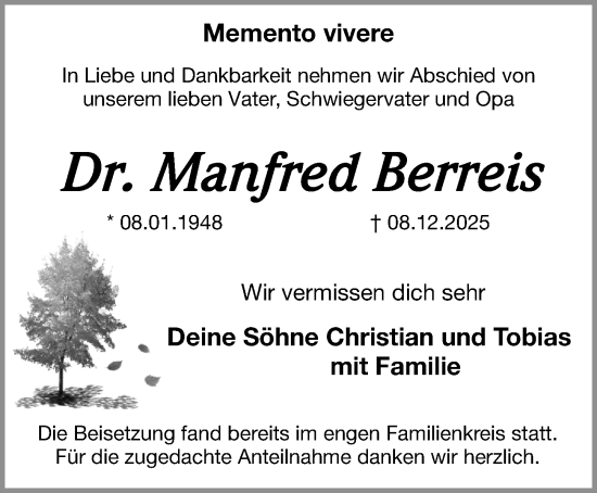 Traueranzeige von Manfred Berreis von Gesamtausgabe Nürnberger Nachrichten/ Nürnberger Ztg.