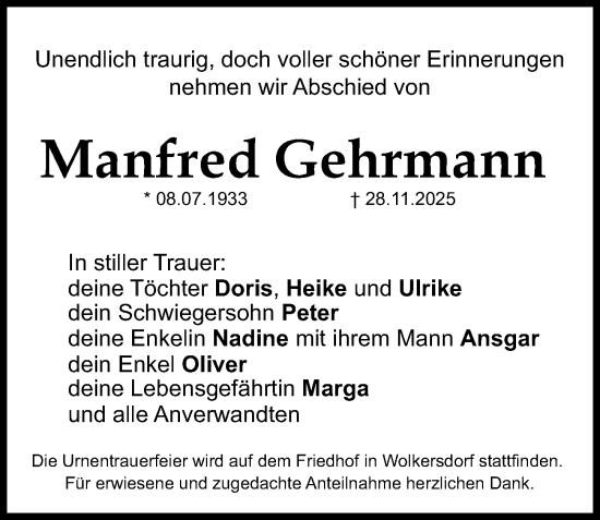 Traueranzeige von Manfred Gehrmann von Gesamtausgabe Nürnberger Nachrichten/ Nürnberger Ztg.