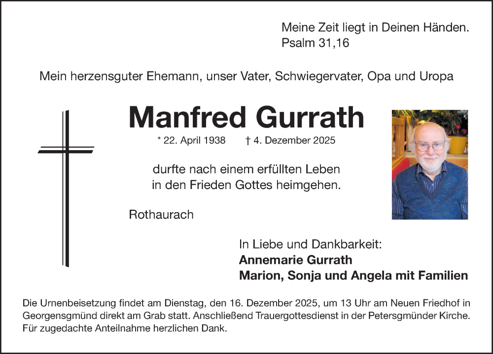  Traueranzeige für Manfred Gurrath vom 13.12.2025 aus Roth-Hilpoltsteiner Volkszeitung Lokal