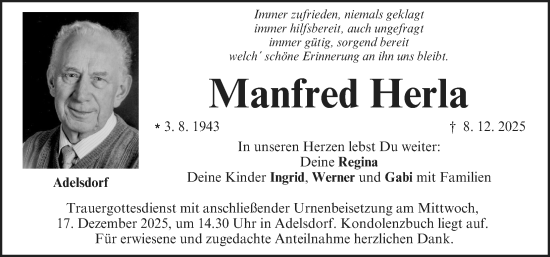 Traueranzeige von Manfred Herla von Nordbayerische Nachrichten Herzogenaurach Lokal