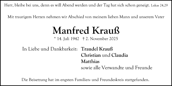 Traueranzeige von Manfred Krauß von Gesamtausgabe Nürnberger Nachrichten/ Nürnberger Ztg.