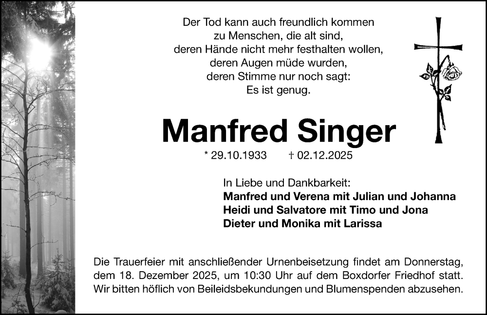  Traueranzeige für Manfred Singer vom 13.12.2025 aus Gesamtausgabe Nürnberger Nachrichten/ Nürnberger Ztg.