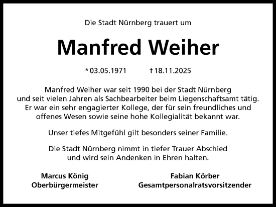 Traueranzeige von Manfred Weiher von Gesamtausgabe Nürnberger Nachrichten/ Nürnberger Ztg.