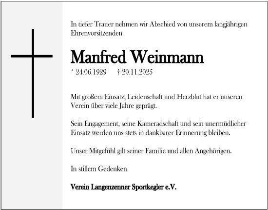 Traueranzeige von Manfred Weinmann von Fürther Nachrichten Lokal