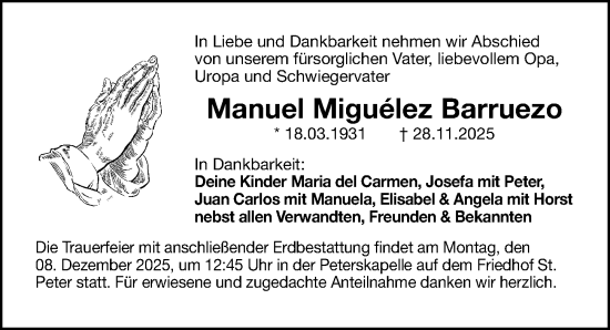 Traueranzeige von Manuel Miguélez Barruezo von Gesamtausgabe Nürnberger Nachrichten/ Nürnberger Ztg.
