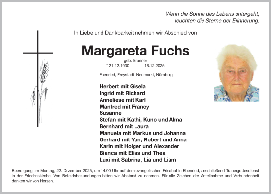 Traueranzeige von Margareta Fuchs von Neumarkter Nachrichten/ Roth-Hilpoltsteiner Volkszeitung