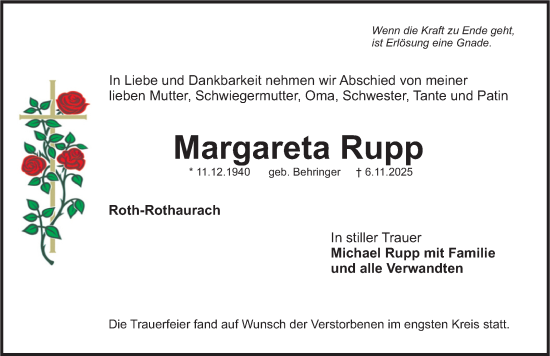 Traueranzeige von Margareta Rupp von Roth-Hilpoltsteiner Volkszeitung Lokal