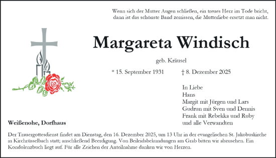 Traueranzeige von Margareta Windisch von Nordbayerische Nachrichten Forchheim Lokal