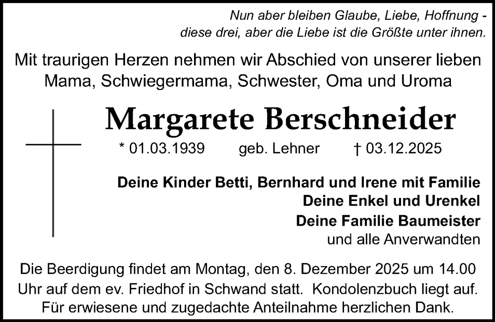  Traueranzeige für Margarete Berschneider vom 06.12.2025 aus HST,HRHV