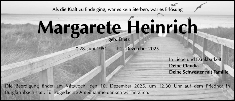 Traueranzeige für Margarete Heinrich vom 06.12.2025 aus Fürther Nachrichten Lokal