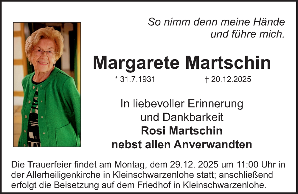  Traueranzeige für Margarete Martschin vom 27.12.2025 aus Gesamtausgabe Nürnberger Nachrichten/ Nürnberger Ztg.