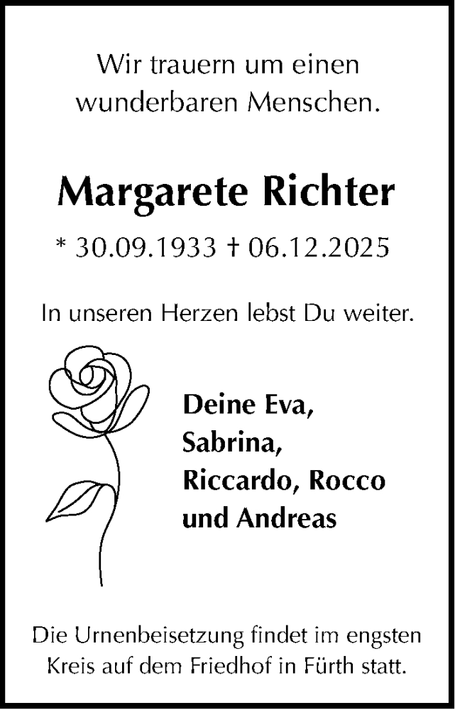 Traueranzeige für Margarete Richter vom 13.12.2025 aus Fürther Nachrichten Lokal