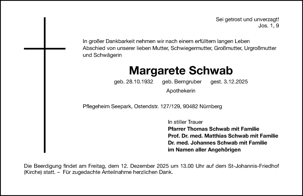  Traueranzeige für Margarete Schwab vom 06.12.2025 aus Gesamtausgabe Nürnberger Nachrichten/ Nürnberger Ztg.